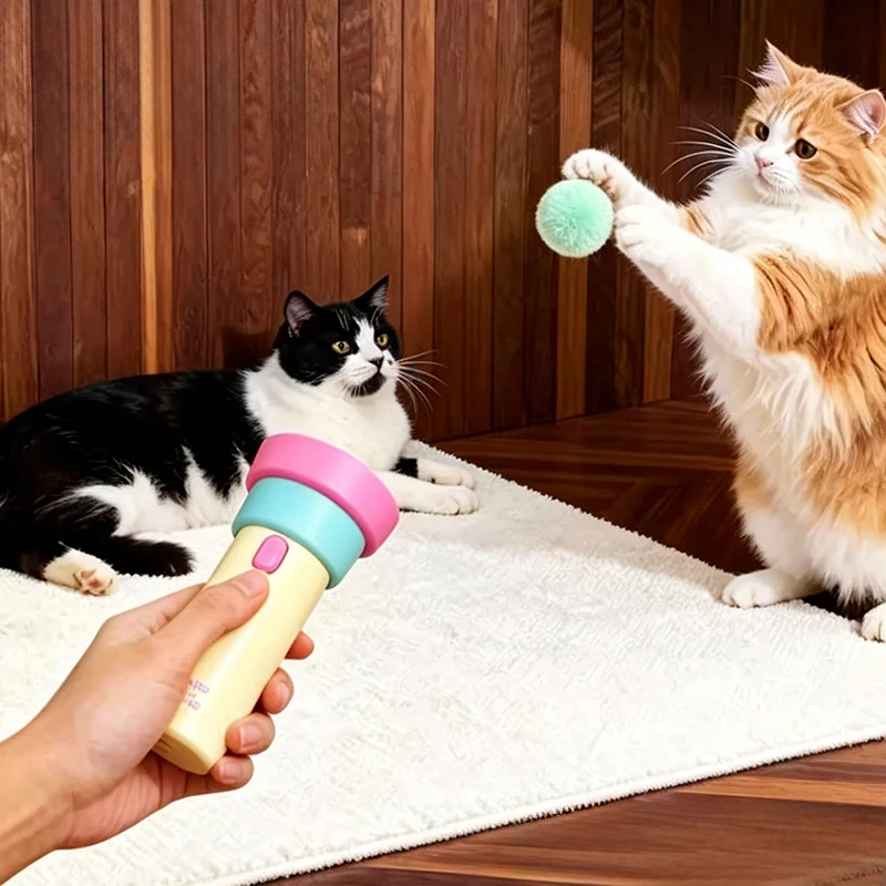 Electric Automatic Cat Fishing Toy Retractable Pom-pom Launcher Hands Free Teaser Wand Boredom Relief Interactive Kitten