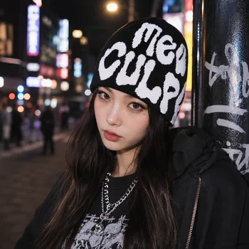 Y2K Style Jacquard Spider Web Pattern Knit Skully Cap
