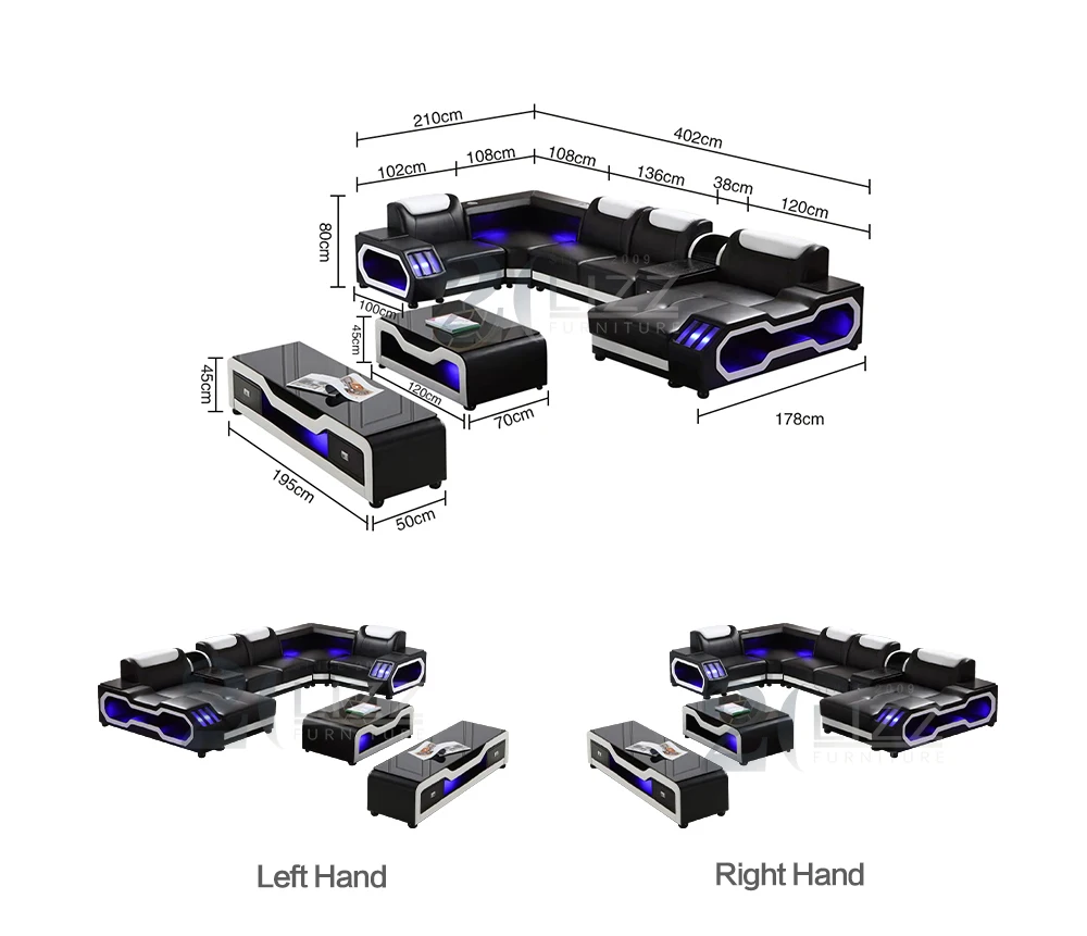 Futuristic Sectional Sofa Set Multifunction Leather Couch Led Sofa