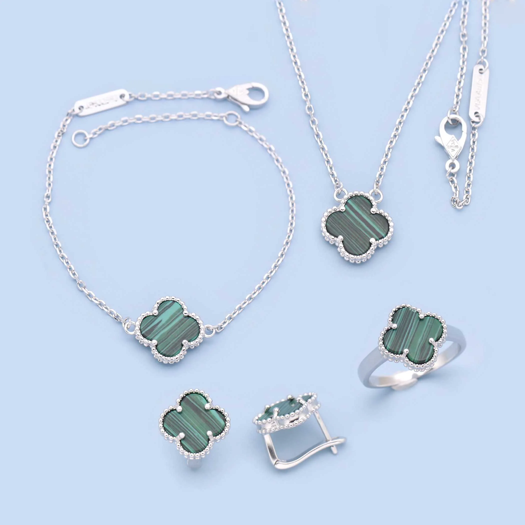 Beautiful Clover Four Necklace Bracelet Ring Earrings Set 925 Silver