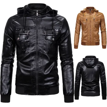 Wholesale Cheap Price Winter Collection Warm Up Men PU Genuine Leather Jacket With Hooded Style