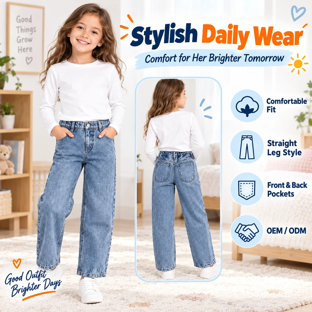 Light Blue Washed Mid Waist Cotton Wide-Leg Jeans Spring Autumn High-Street Design Loose Wide-Leg Drapey Long Pants