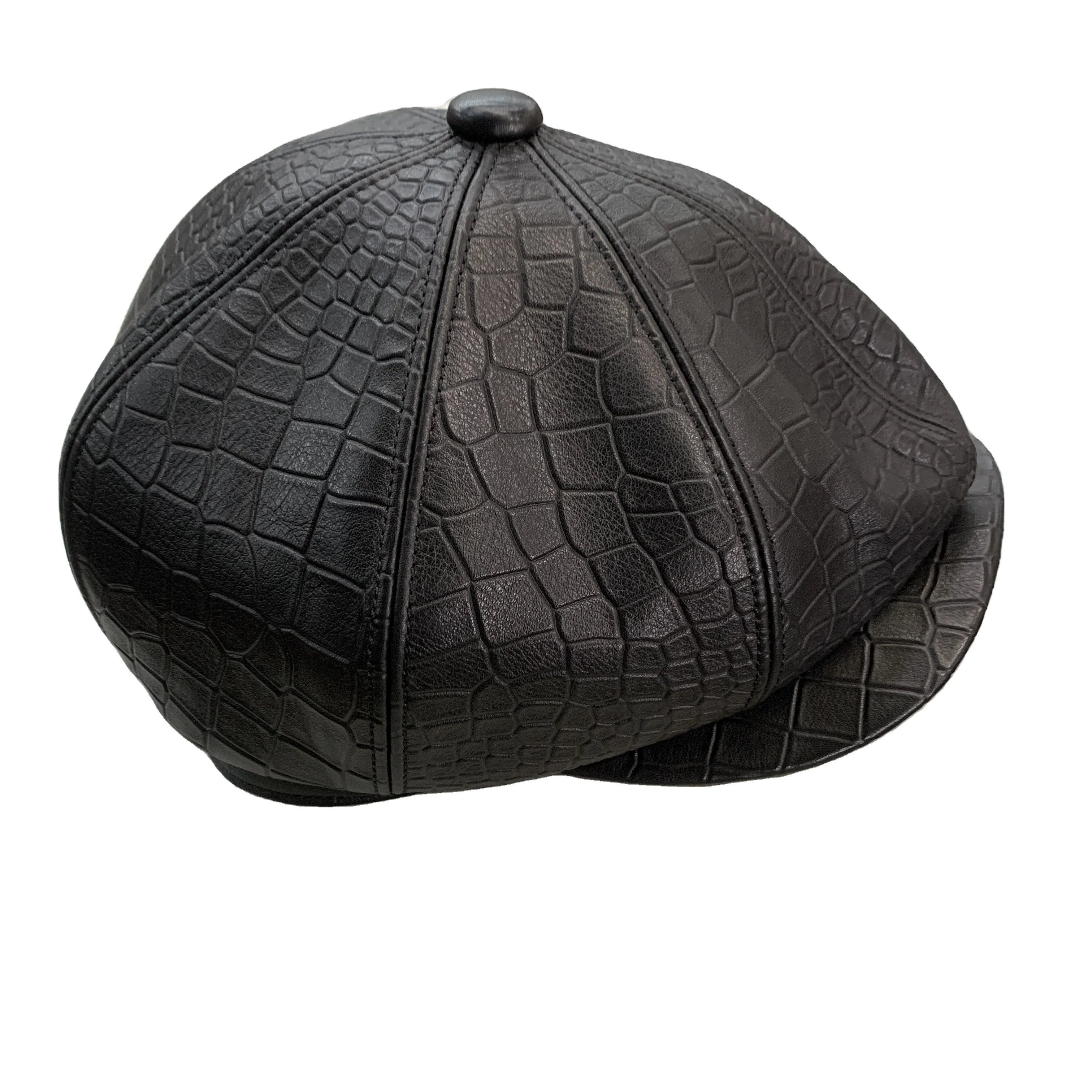 Ready to Ship Crocodile Pattern Real Leather Women Cowhide Newsboy Ivy Cap Octagonal Hat