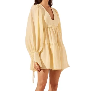 Custom High Quality Summer Casual Elegant Drawstring Long Sleeve Cotton Linen  Pleated Mini A-line Dresses