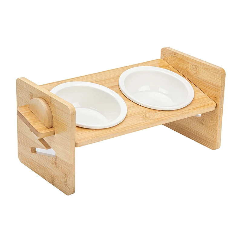 Wholesale Adjustable Bamboo Elevated Pet Feed Bowl Wooden Stand Feeder with 2 Ceramic Bowls for Cats and Small Dogs