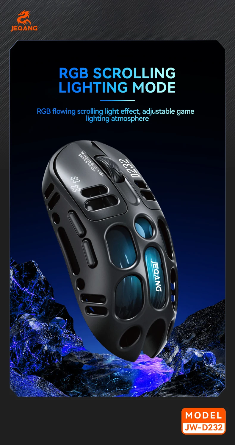 Jeqang JW-D232 RGB 2.4G BT Dual-Mode 6D Ergonomic Gaming Mouse Magnesium Alloy Hollow Design Optical Tracking Backlit