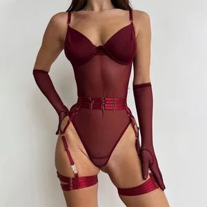 New Network Women's Thin Sexy Underwear See-Through Mesh Shaping Bodysuit Hanger Belt Three Piece Set for Women