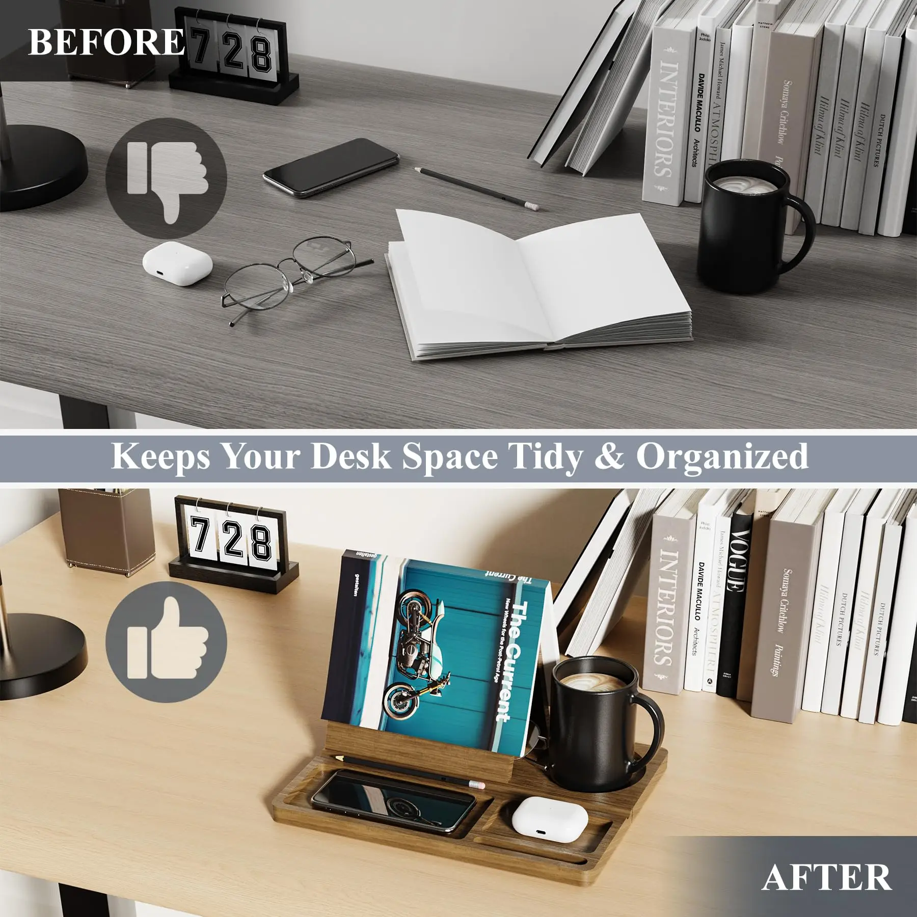 product book stand with cup holder storage slots desk organizer with detachable magnetic base book rest storage rack for home decor-7