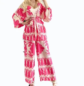 Casual Fall Two Piece Set Womens Clothing Plain Loose Polyester Wide Leg Pants Set Women