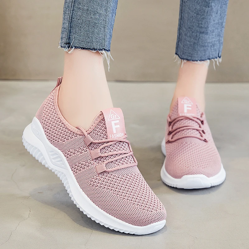 Chaussures De Course En Maille Respirante - Semelle Souple Antidérapante, Légères, Avec Lacets - Pour Running, Sport, Marche, Couleur Unie - 8
