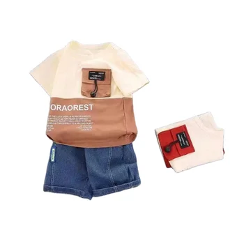 Summer New Hot Selling Cartoon Print Trendy Fashion Round Neck Pure Cotton Boys' Denim Shorts Set