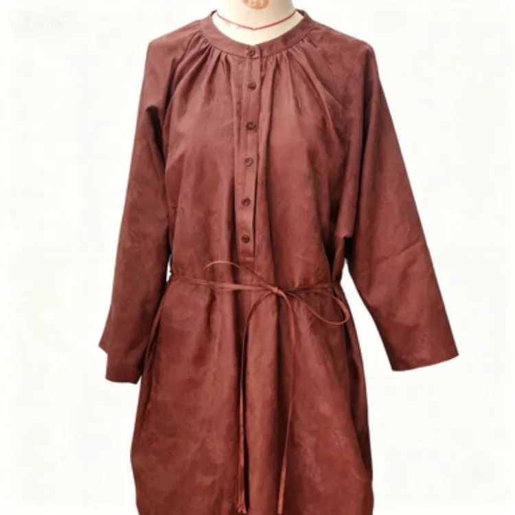 Burgundy Ramie Loose Waist-Tie Pullover Dress - Retro Elegant Mid-Length Office & Casual Dress