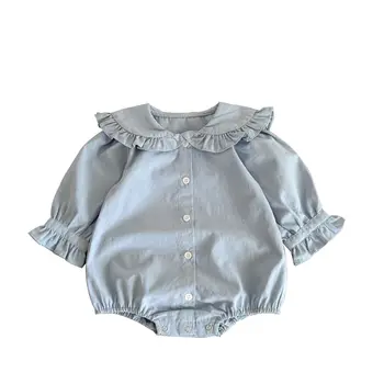 Autumn new girls' baby simple solid color long sleeve clothes lace doll collar bag farts baby onesie climbing suit