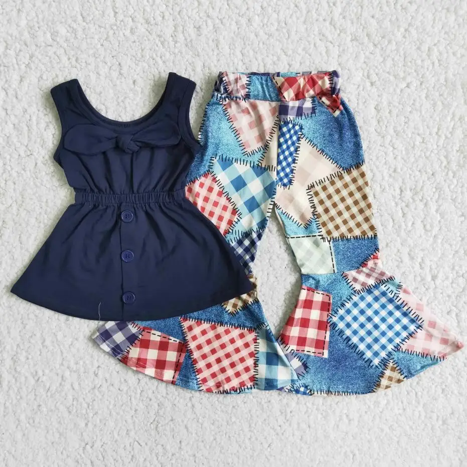 Conjunto De Ropa Azul Marino Sin Mangas Para Bebé,Ropa Para Niña  Pequeña,Conjunto De Pantalones Con Campanas,Atuendo Para Verano,2021 - Buy  Bebé Grils Ropa De Los Niños,Traje De Verano Para Bebé Grils Ropa