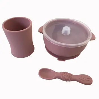 Wholesale price food grade silicone baby feeding training spoon and cup and bowl with lid set