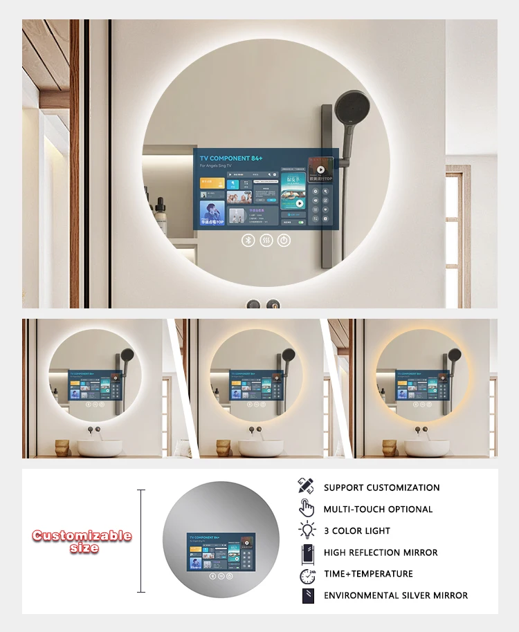 product magic waterproof modern wall mounted mirror round led bathroom  android tv mirror sink and led smart tv mirror-4
