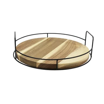 Lazy Susan Organizer Artistic Acacia Wood Round for Table with Sturdy Black Steel Bar 360 Degree Smooth Rotating wood tray