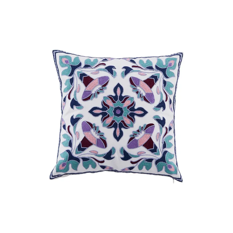 Cotton Exotic Handmade Throw Pillow Cover Moroccan Embroidered Flowers