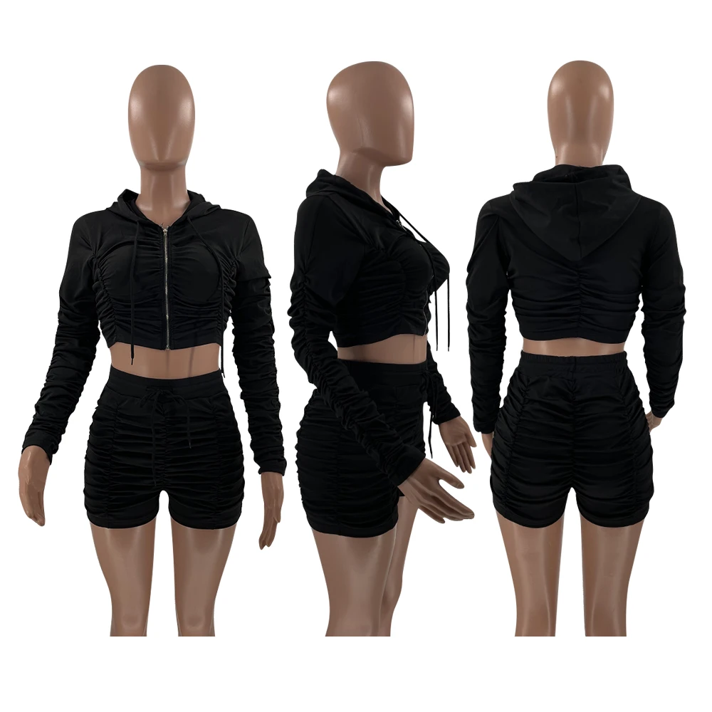New arrival Casual solid color crop top hoodie set 2 piece short set women long sleeve crop top fall 2023 women clothes