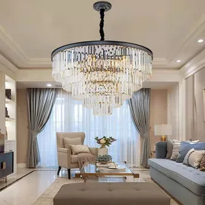 Postmodern Luxury Five Layers Crystal Chandelier Black Gold Indoor Decorative Project for Living Room Pendant Lights