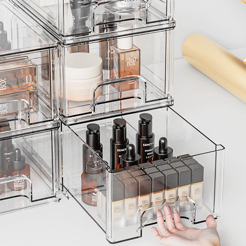 Stackable Bathroom Multifunction Clear Cosmetics Storage Organizer Plastic Drawers for Makeup Skincare