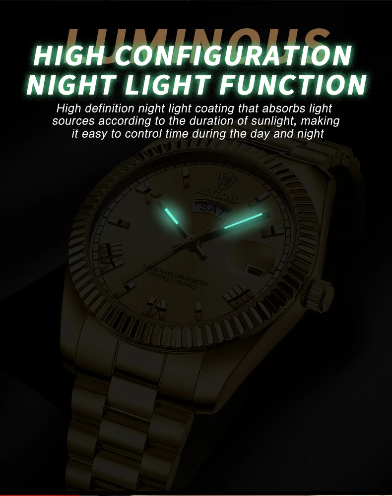 BINBOND 7012 B0733 0733 Men's Quartz Watch Waterproof Luxury Date Waterproof Luminous Fashion Stainless Steel Wristwatch for Man