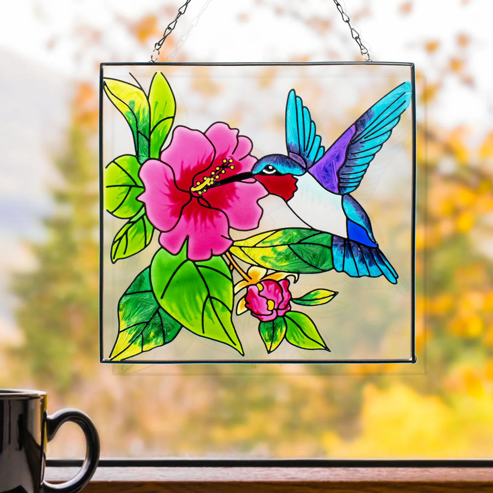 Hummingbird Stained Glass Window Hangings, Suncatcher for Window with Metal Chain, Outdoor Home Glass 