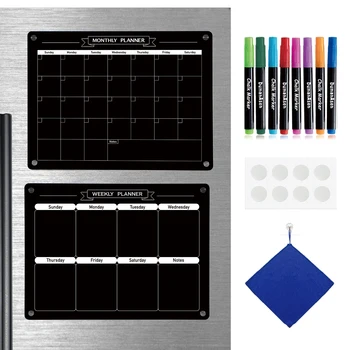 2 sets of black dry erase acrylic refrigerator magnetic  weekly and monthly calendars board with 8 pens and wiping cloth