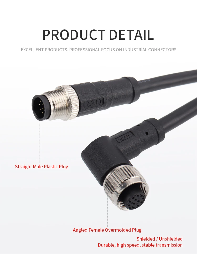 M12 Male Female Straight Angled Overmolded Connector A-code 8pin With 1 ...