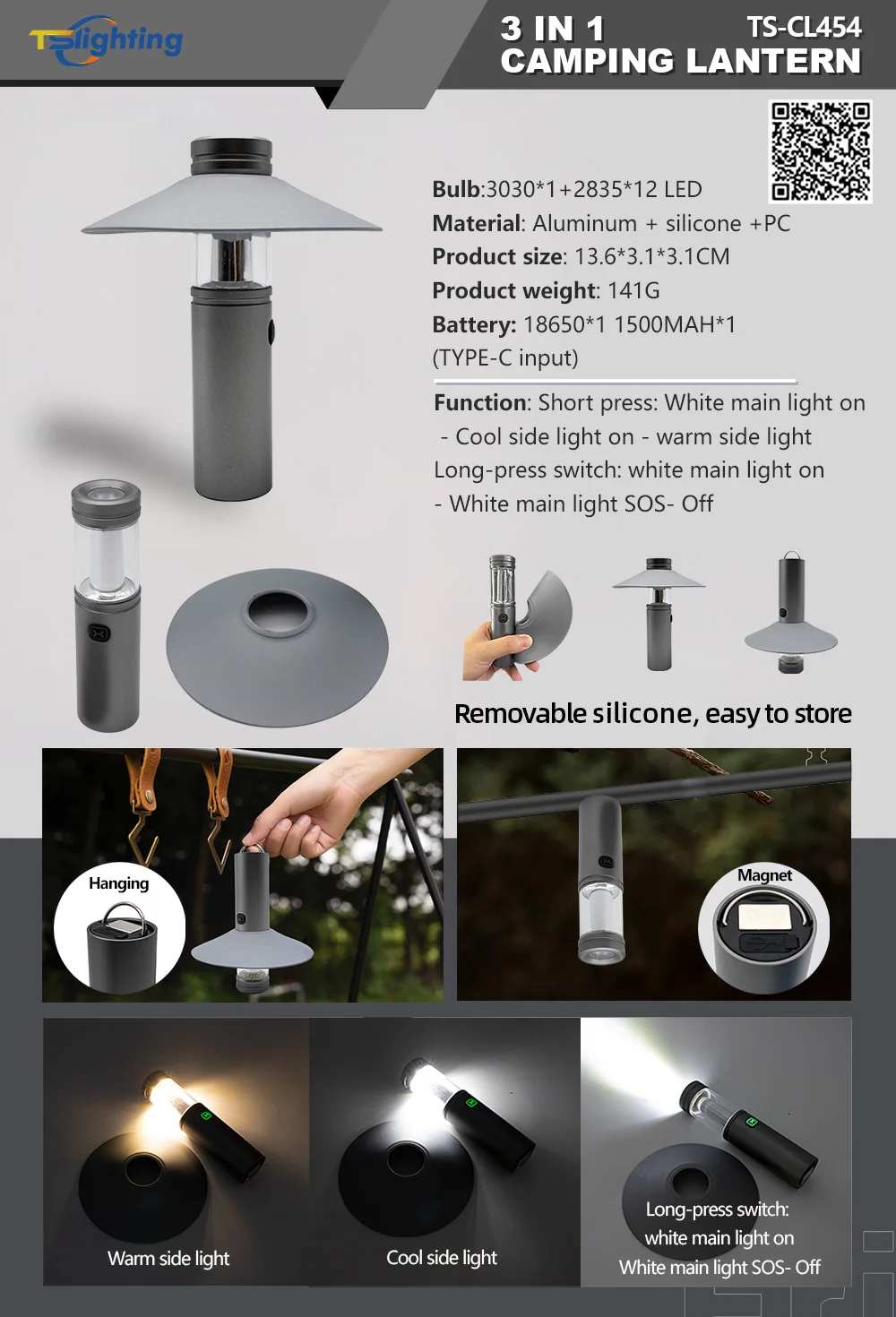 2023 New Removable Silicone Lid Multifunctional Camping Light Portable Outdoor Led Rechargeable Flash Light Camping details