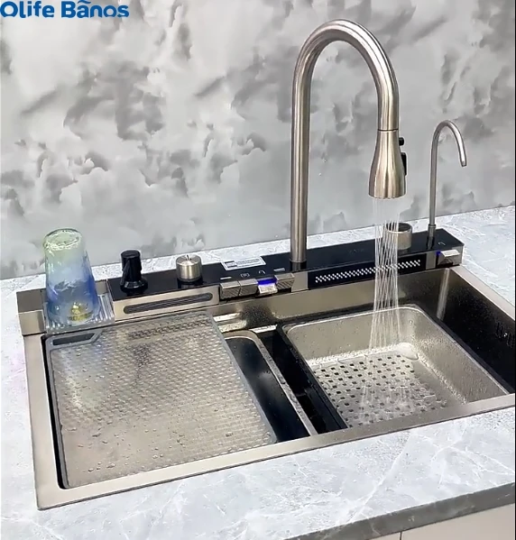 New Trend Silver 304 SUS Multifunctional One Piece  Automatic Cup Washer Piano Digital Display  Waterfall Faucet Kitchen Sinks factory