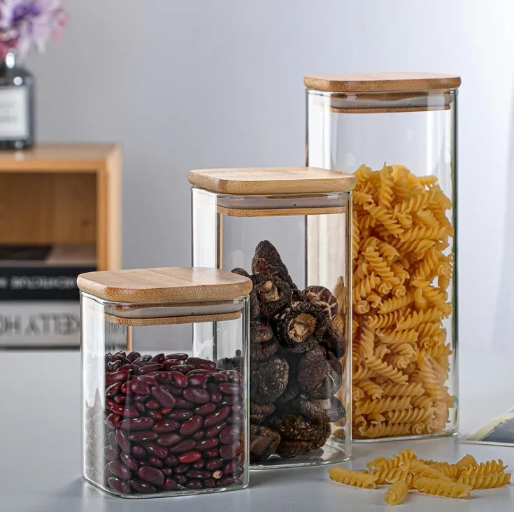 High Borosilicate Square Coffee Glass Jar with Bamboo Lid Sealed Storage Spice and Condiments Container