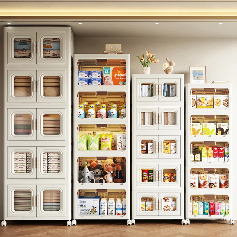 WANUO 5-Tier Foldable Plastic Storage Cabinet Double-Sided Transparent Home Storage Cabinet with Wheels