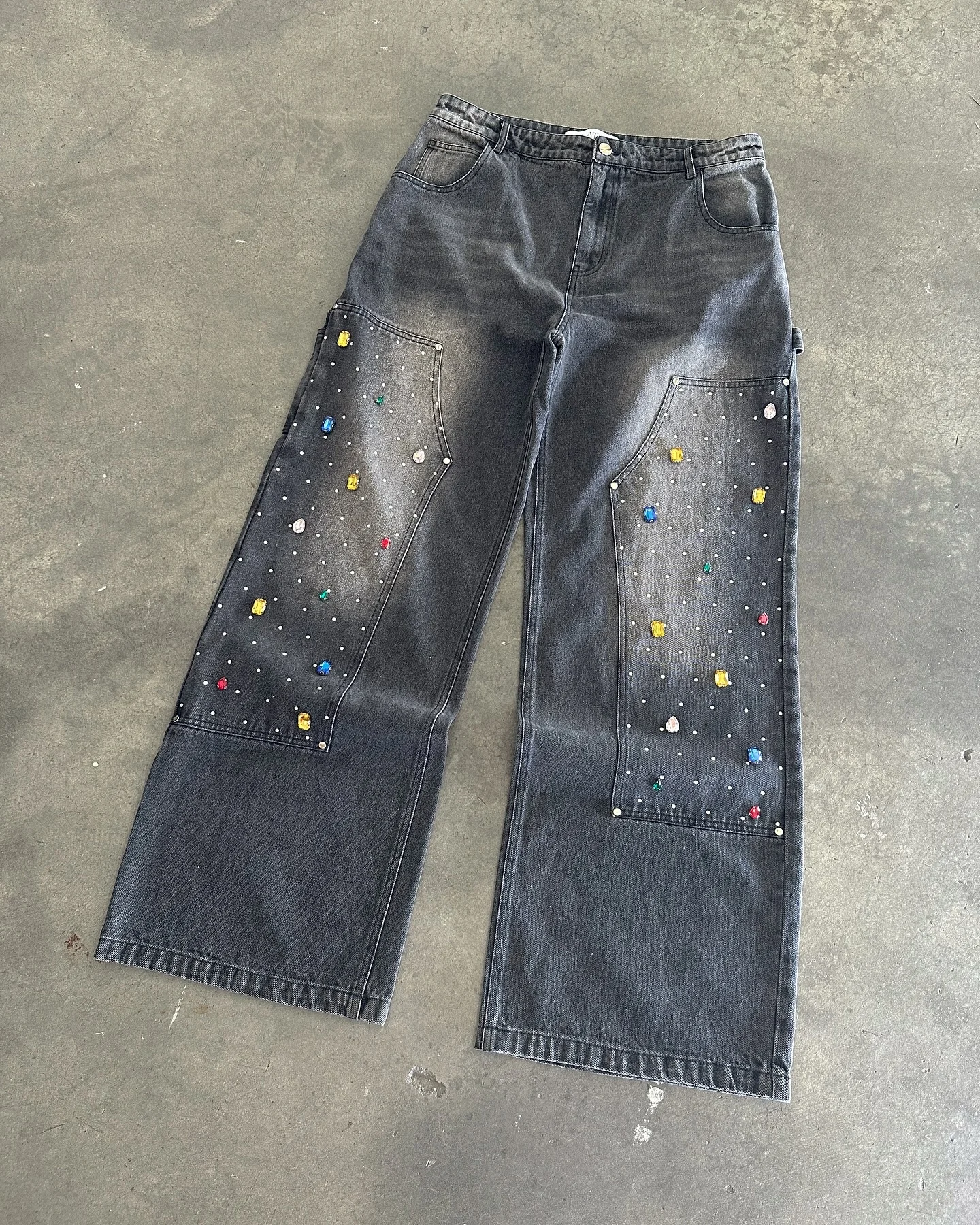 Custom Designer High Waist Rhinestone Oversized Wide Leg Acid Wash Distressed Baggy Carpenter Flare Jean Pant Denim Jean for Men gallery 8
