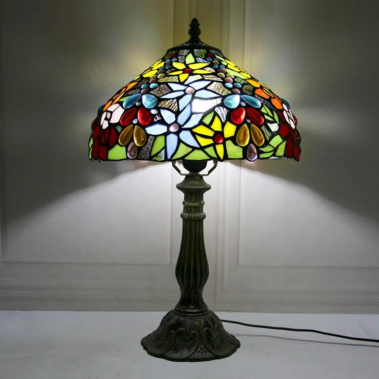 LongHuiJing Tiffany style Lamps 18 Inch Tall Colourful Stained Glass lampshade Desk Light Accent Antique Tulip Style Art lamps