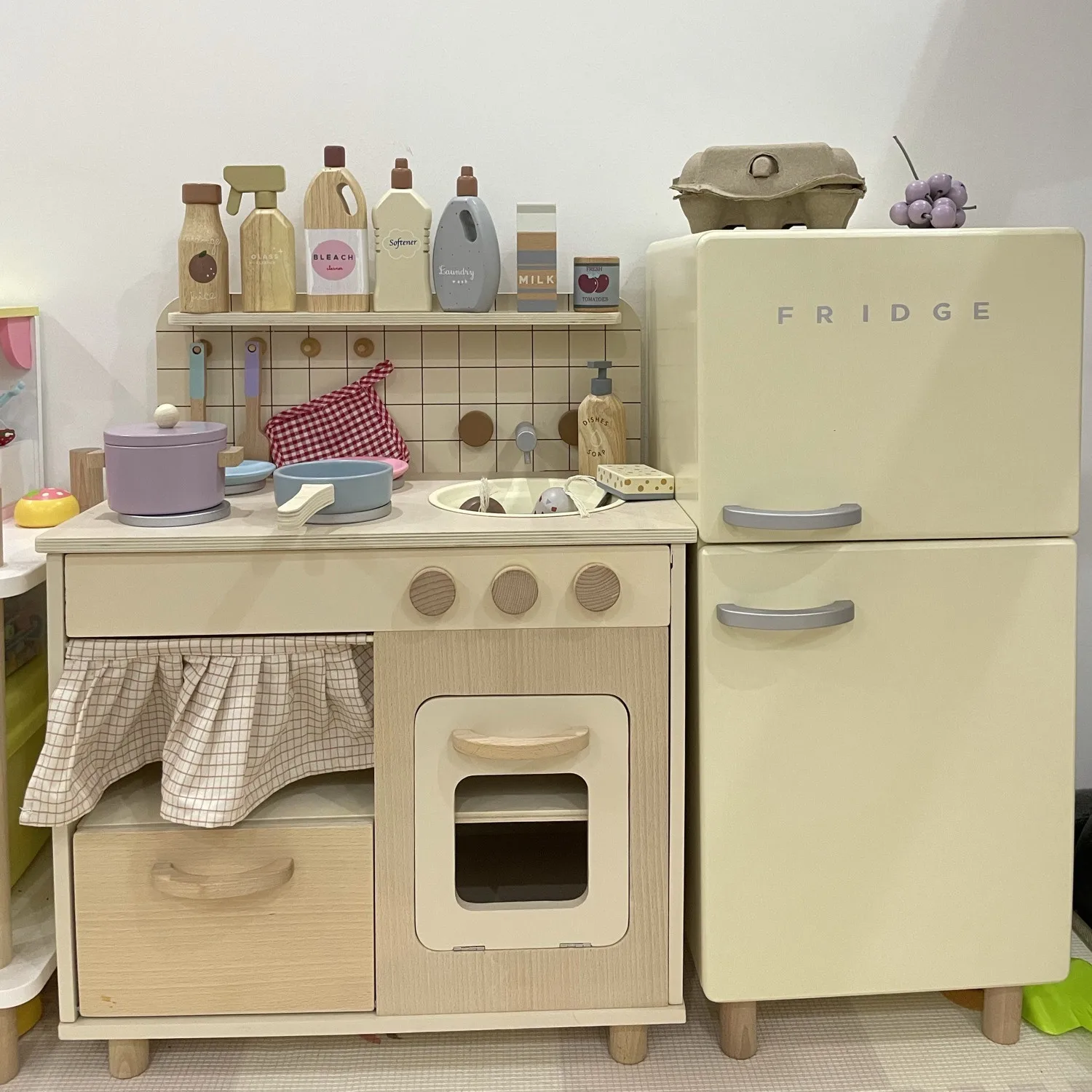 New Customize 3 Piece Set Educational Toy Pretend Play Wooden Children Kitchen Toy Set Refrigerator Washing Machine Toys Set
