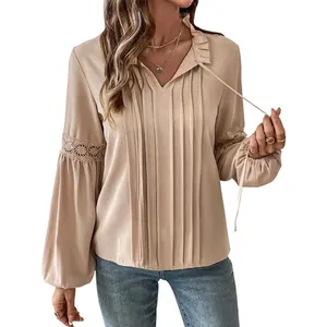 For 2025 Women's Elegant Cross-border Lace V-Neck Pleated Shirt Solid Color Casual for Spring Autumn for Office Plain