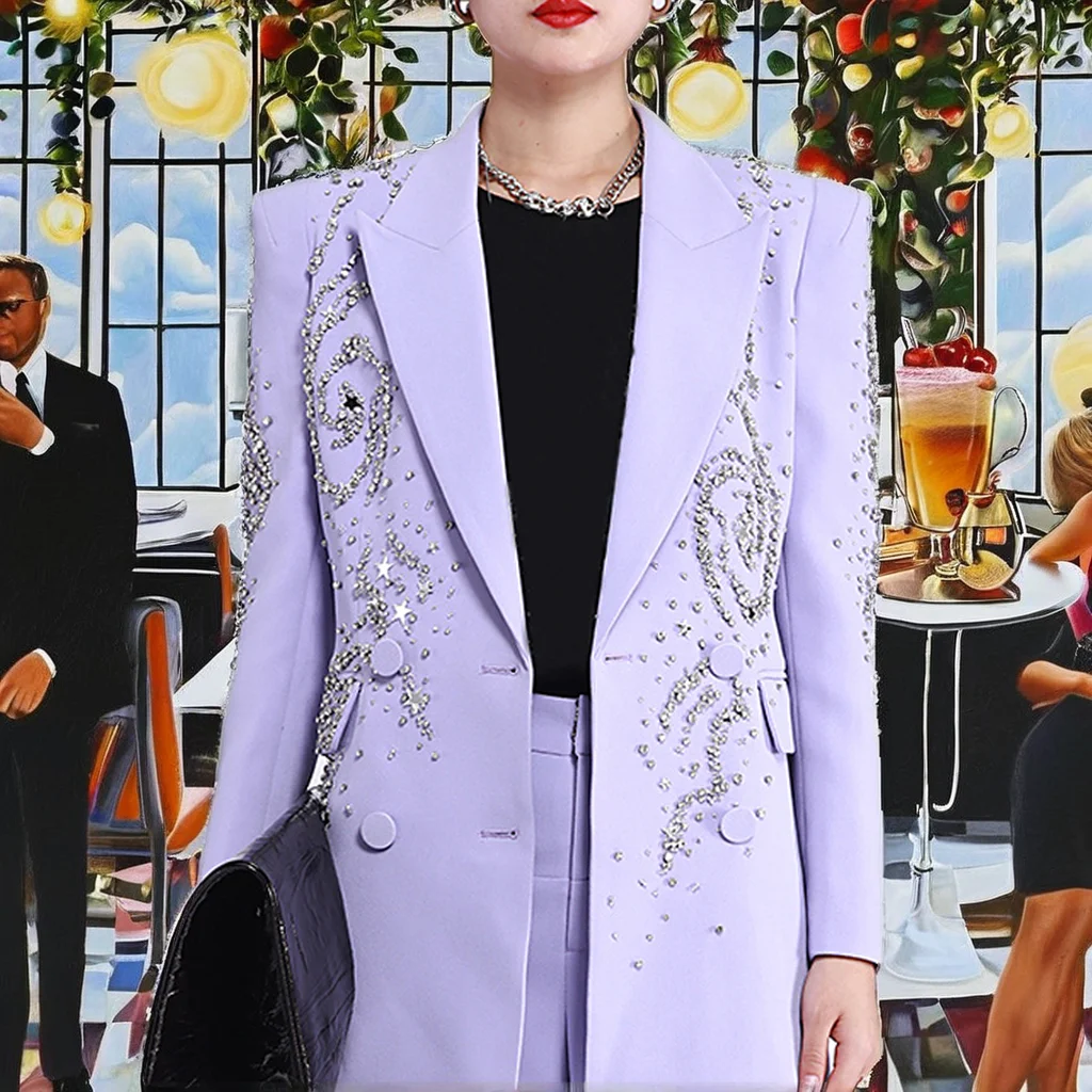 Newly Designed Solid 2Pcs Women's Fashion Suit Sequined Mirror Beading Two  Buttons Long Sleeve Blazer Wide Leg Office Lady