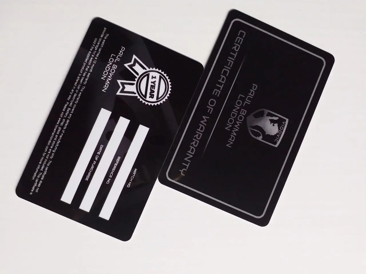 Customize Matte Black International Warranty Card With Gold/Silver Stamping
