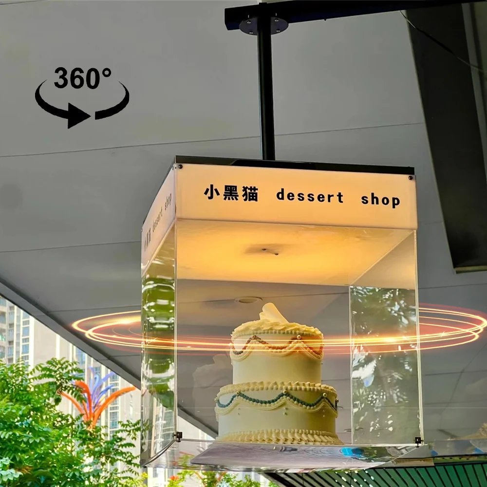 2023 Rotation Display Case for Cake Shop Acrylic Rotating Display Case LED Light Rotating Advertising Case for Retail Store