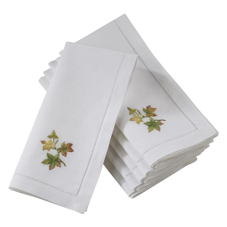 Custom White Hemstitch Embroidery Cotton Cocktail Cloth Napkins With