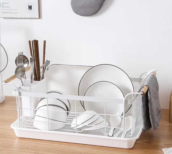 Japanese White Dish Rack with Attached Drainboard Cup Holders and Wooden  Handles for Home Kitchen Counter Top Organizer