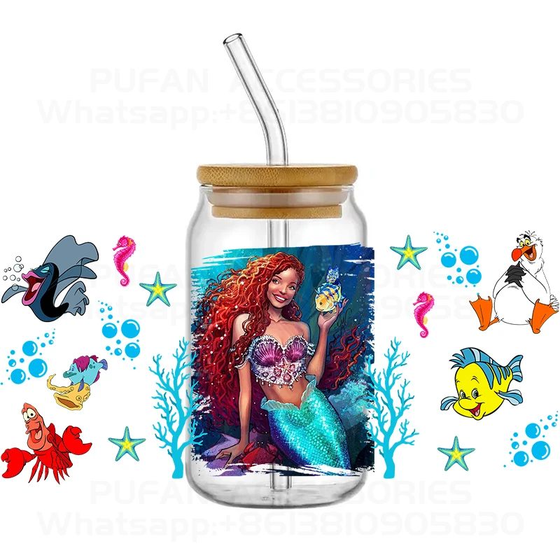 Little Mermaid Glass Cup Acrylic Lid 16oz UV DTF 