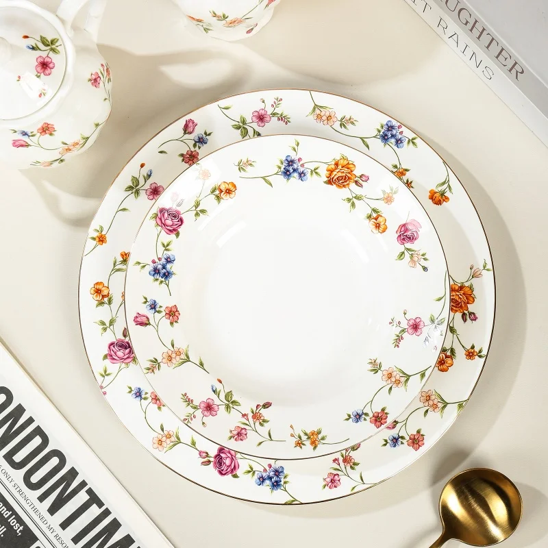 product wholesale ceramic flower prints cup and saucer set elegant tea pot set restaurant personalized decal tableware set-6