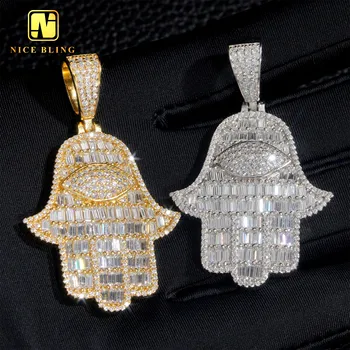 18K Gold Plated Hand Pendants Fashion Hip Hop Moissanite Jewelry Baguette Diamond Hamsa Hand Pendants Charms For Men Women
