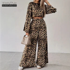 European American Cross-Border Women's Casual 2 Piece Shorts Set Leopard Print Loose Comfortable Long Sleeve Top Anti-pilling