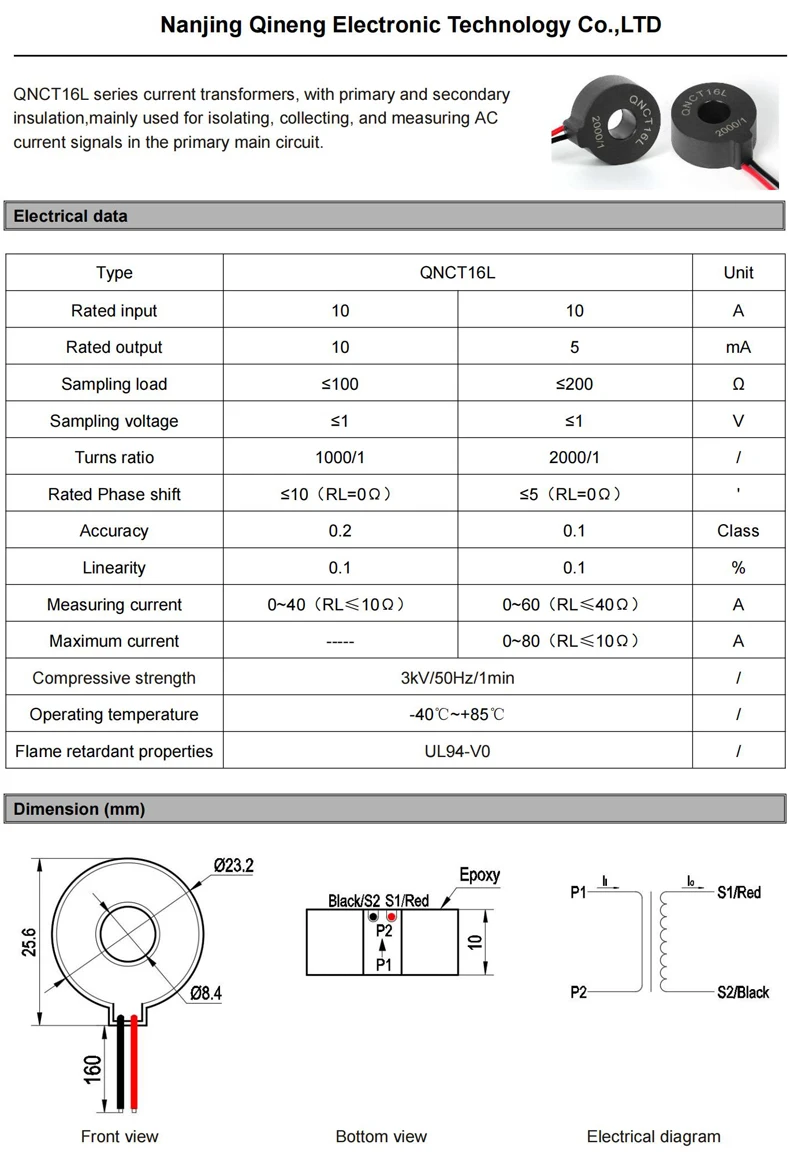 Ring Type CT Current Transformer QNCT16L 10A 10mA 20A 10mA 50A 25mA 2000 1 Ac Toroidal Current Sensor Transducer Factory Price