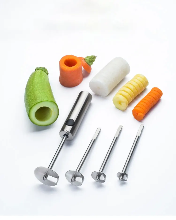 ISENPENK Vegetable Drill Silver Stainless Steel Multifunctional Vegetable Corer and Spiralizer with Handle and 4 Different Drill Sizes 