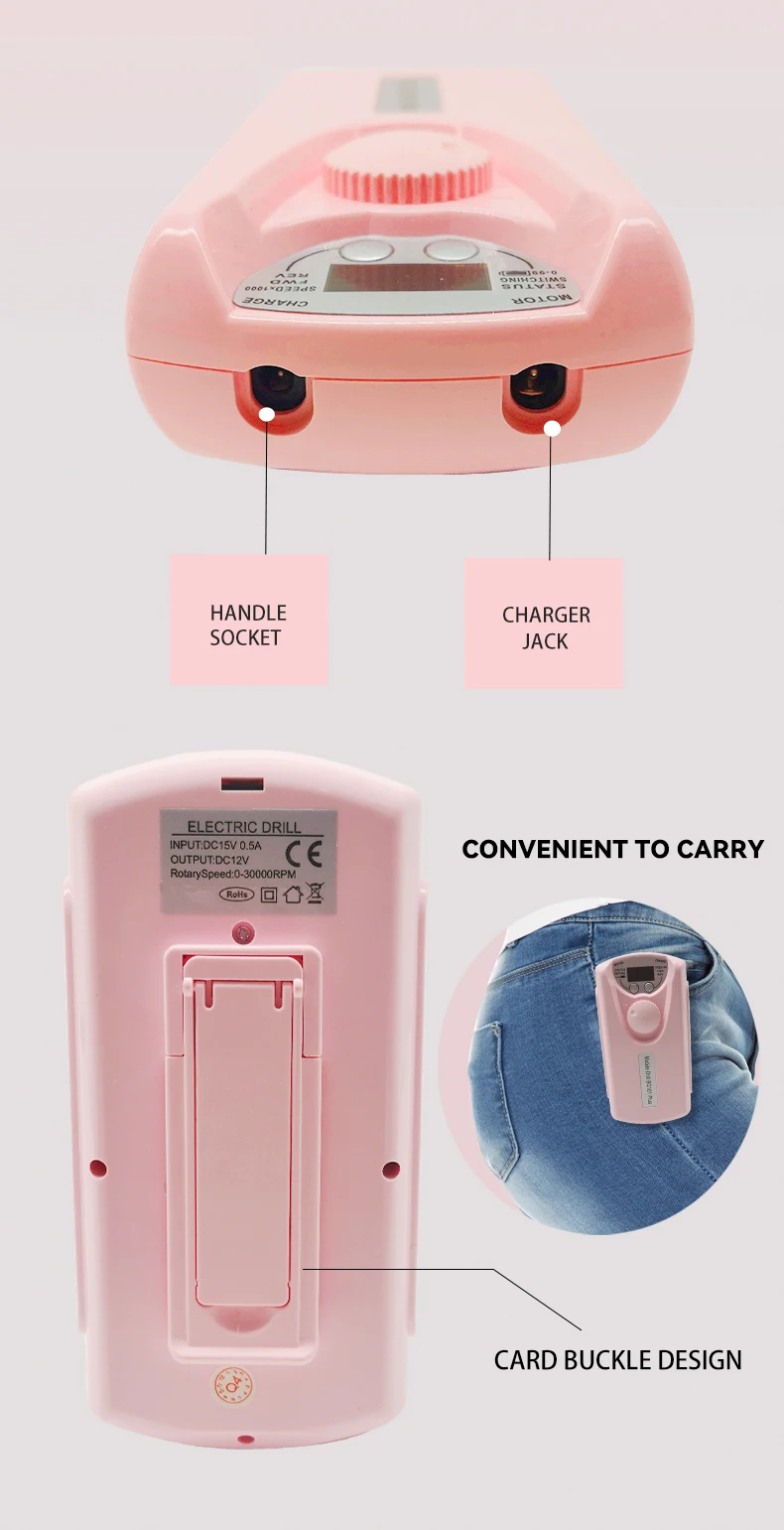 AT-NDB-010 portable nail drill in pink color details