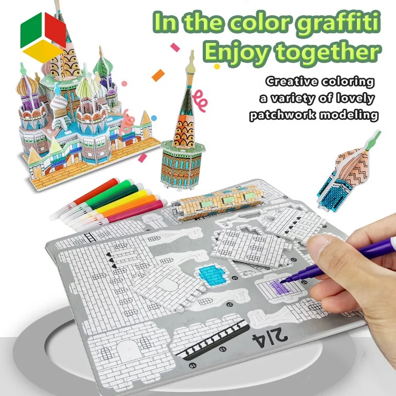 QS Factory Doodles 3D DIY Assembly Drawing Castle Splicing Coloring Cardboard Paper Puzzle Writing Practice Card Toys for Sale
